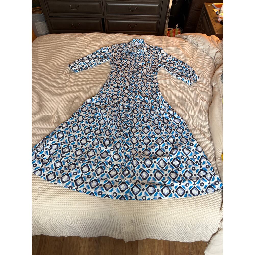 Marella Future Cotton Blue Geometric Belted Shirt Midi Dress - Picture 4 of 15